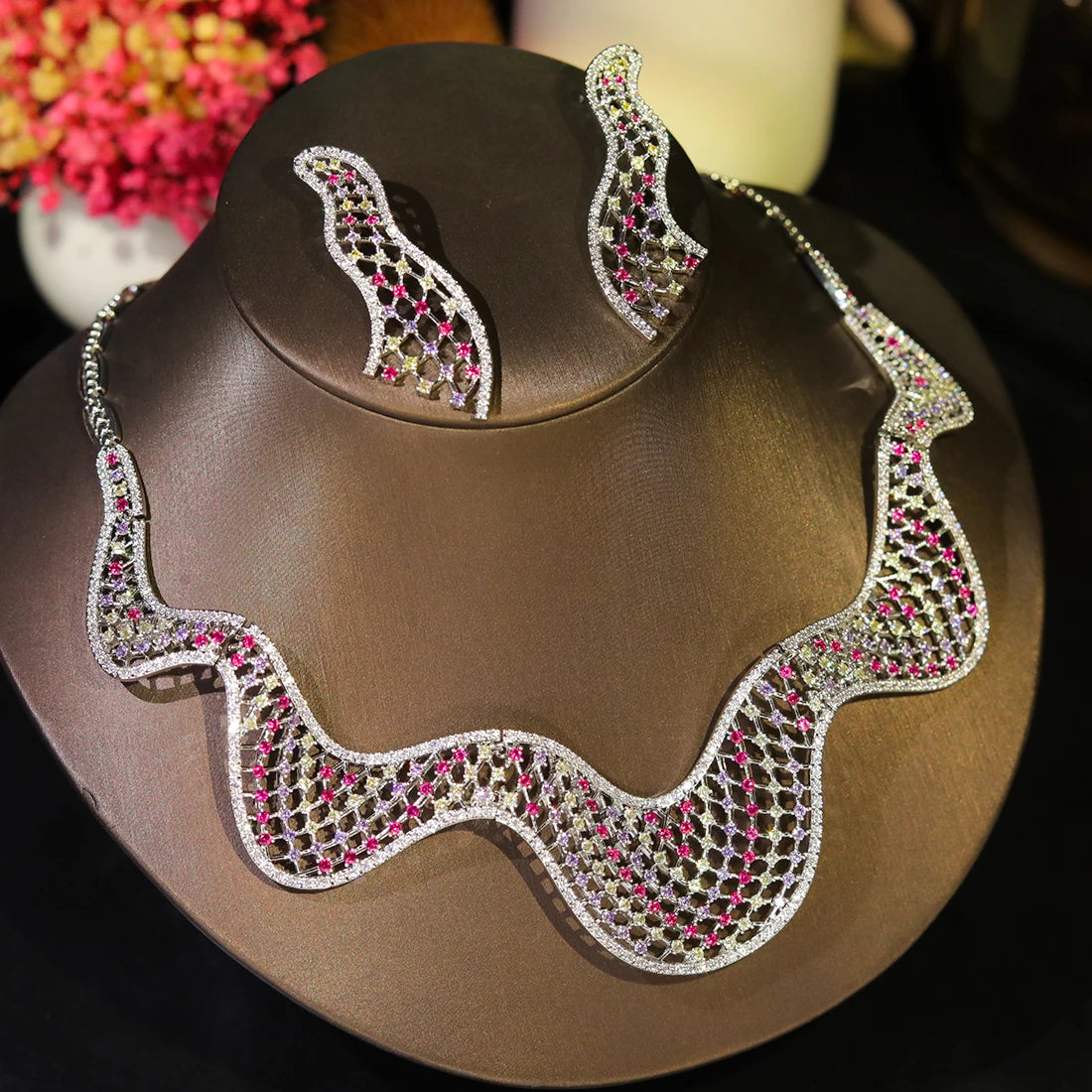 Fashion Wavy Colorful Necklace Luxury Cubic zirconia Jewelry Set For Women Dubai Bride Suitable Wedding Balls Accessories