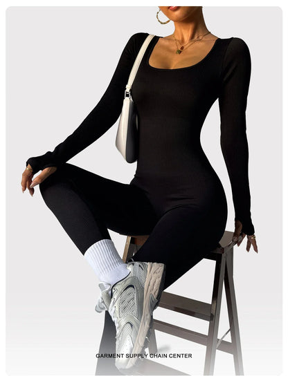 Women's one-piece yoga suit black jumpsuit long sleeved bodysuit sexy and fashionable streetwear casual sports bodysuit