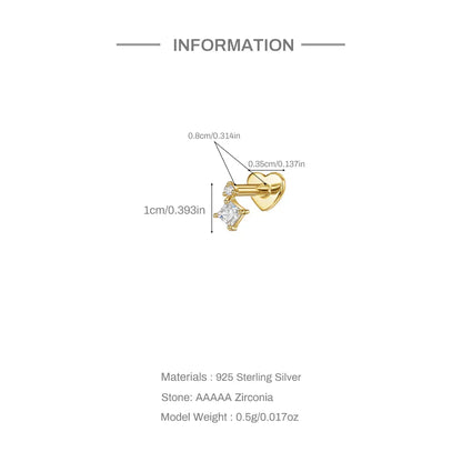 1PC 925 Sterling Silver Crown Horse Eye Zircon Heart Flat Head Cartilage Piercing Stud Earring For Women Claasic Earring