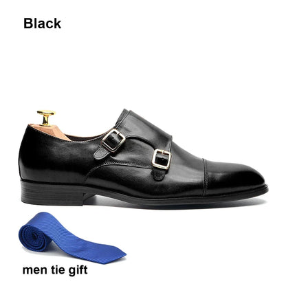 Luxury Men's Wedding Formal Shoes Genuine Leather Pure Brown Black Double Buckle Monk Strap Cap Toe Business Office Dress Shoes
