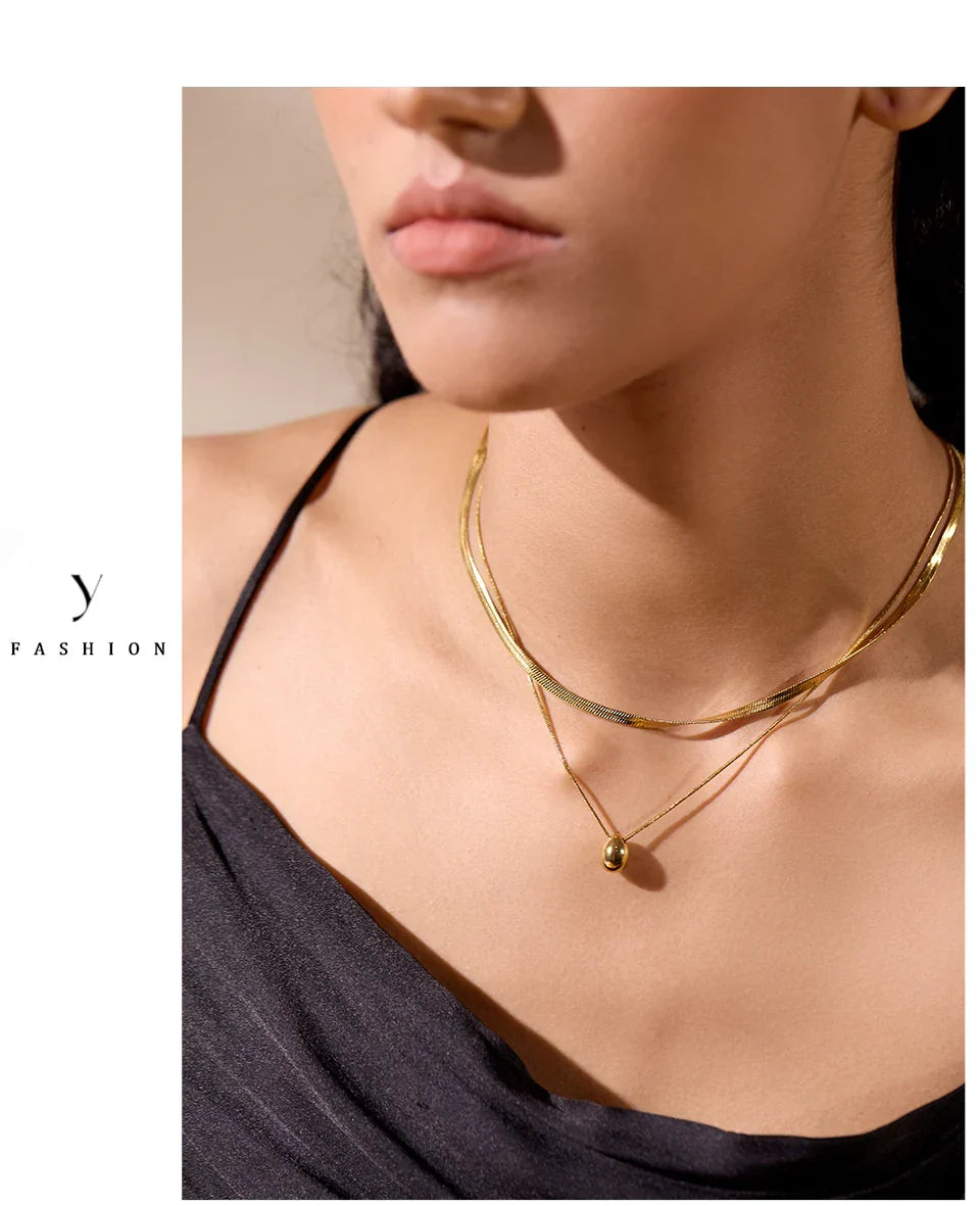Snake Chain Double Layer Stainless Steel Water Drop Pendant Necklace for Women Statement 18k Gold Color Jewelry Waterproof