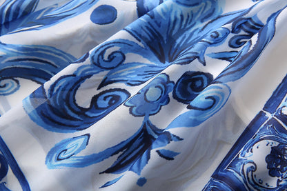 Red Blue And White Porcelain Print Holiday Dress Summer Vintage Bohemia Dress Women's  Loose Lace Up Belt Long Robe Vestido