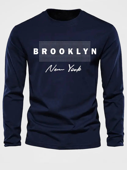 Brooklyn New York Printed Men's 100% Cotton Loose and Comfortable Sports and Leisure Round Neck Long Sleeve T-shirt Top