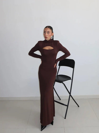 Sheath Women's Maxi Dresses Solid Turtleneck Regular Long Sleeves Hollow Out Slim Fit Bodycon Party Vestidos Robes