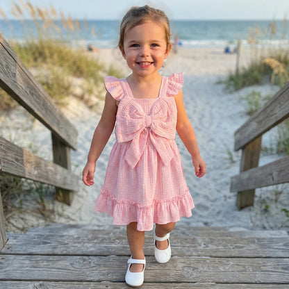 Toddler Kids Baby Girls Summer Casual Dress Princess Girls Solid Cotton Linen Fly Sleeve Bowknot Holiday Party Dress Sundress