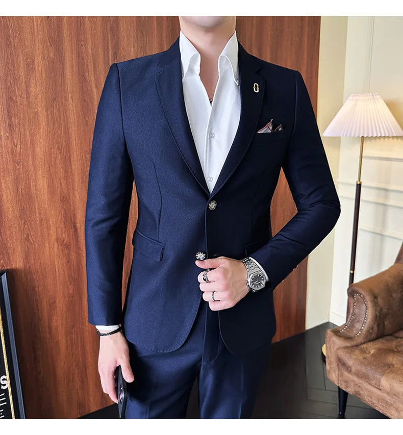 Men's Korean Style Slim Fit Suit Set, High Quality Fabric Solid Color Edge Pressing for Wedding Business