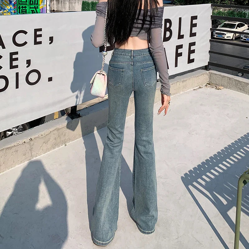 Calça Jeans Feminina Cintura Alta Elástica Skinny Boca de Sino Hotfix Strass Design Vintage Streetwear Calças Femininas Boca de Sino