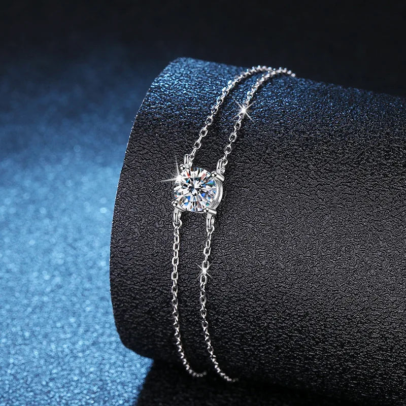 1CT Round Cut Moissanite Solitaire Diamond  Bracelet for Women Men 925 Silver Minimalist Charm Bracelet Wrist Chain Adjustable