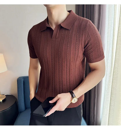 Men's Polo Shirt, Striped Jacquard Knit Short Sleeve, T-shirt V-neck Solid Color Elastic Top 2024. M-3XL,Summer Purple Thin