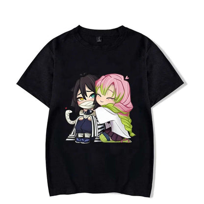 Funny Kanroji Mitsuri Iguro Obanai Cartoon Print T-Shirt Couple Loose Short Sleeve Round Neck Top Anime Casual Shirt Tees