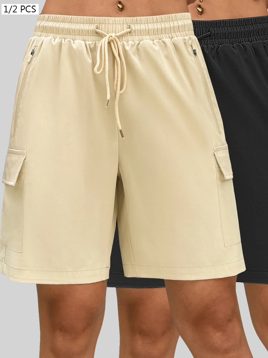 1/2 PCS  Loose Women Shorts with 2 Flap Pockets Adjustable Drawstring Cargo Short Outdoor Quick Dry Lightweight Shorts