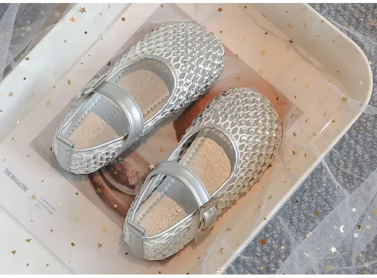 Girls Flat Shoes Sparkling Hollowed-Out Princess Shoes for Kids 2025 Summer New Sandals Mesh Hook&loop Toddlers Breathable Ins