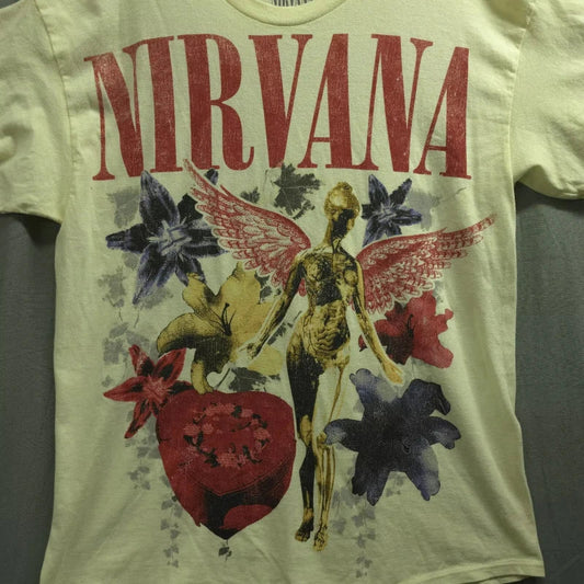 Nirvana Vintage Rock Band  Round Neck Short Sleeve TShirt Retro Angel Floral Graphic Tee for Grunge Music Enthusiasts