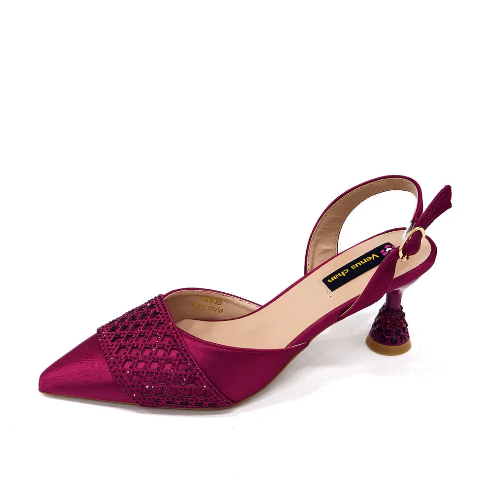 Elegant Nigerian Women’s Wine Colour Heeled Shoes and Rhinestone Handbag Set – Italian Design for Parties and Weddings