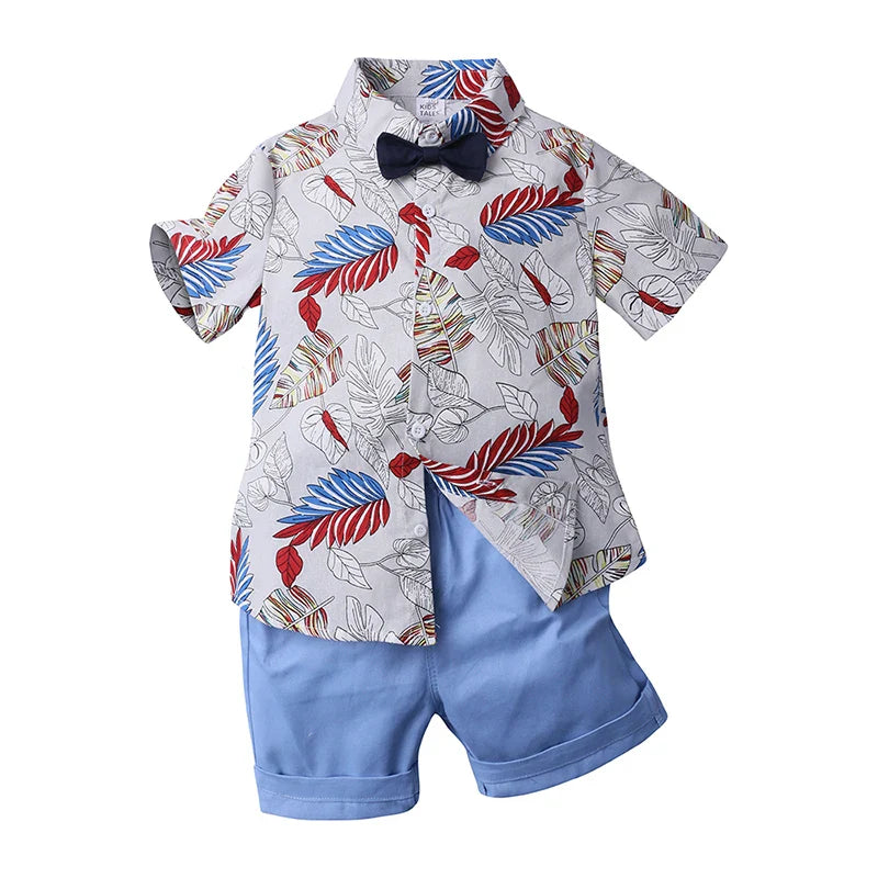 2026 Gentleman  Kids Boys Party Clothing Set Print Hawaii Style Short Sleeve Shirt +Short Pants Formal Suit Seaside Outfits 2Pcs