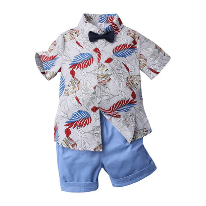2026 Gentleman  Kids Boys Party Clothing Set Print Hawaii Style Short Sleeve Shirt +Short Pants Formal Suit Seaside Outfits 2Pcs