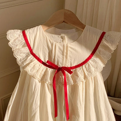 Kid Girl Exquisite Dress Ruffled Lace Collar Trimmed in Red Ribbon Red Dotted Lace Cut Out Embroidery on The Skirt for Children