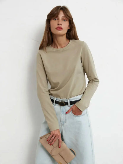 Women's Spring Autumn 100% Cotton T-shirt Bottoming Basic Solid Lady Long Sleeve Loose Tops Shirts Oversized T Shirt