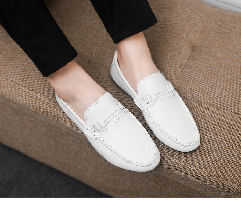 Trend White Loafers Man Big Size 46 Breathable Lightweight Men's Leather Shoes Comfortable Casual Shoes Men Driving Shoes