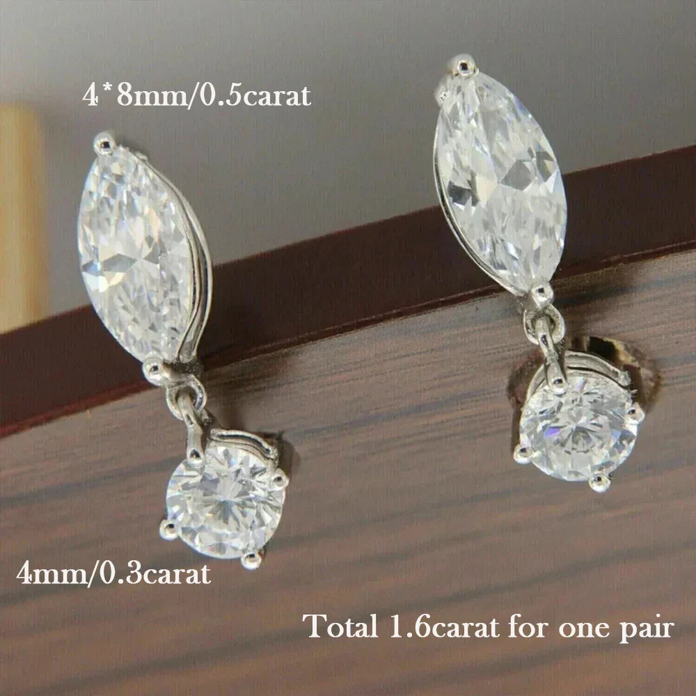 1.6cttw Marquise/Round Cut Moissanite Drop Earrings for Women 925 Sterling Silver Lab Diamond Stud Earrigs with Certificate