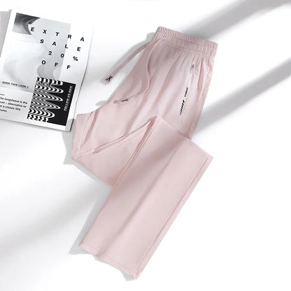New High Quality Ice Silk Men's Women's Pants Summer Thin Loose Quick Drying Breathable Sports Straight Leg Tie Casual Pants