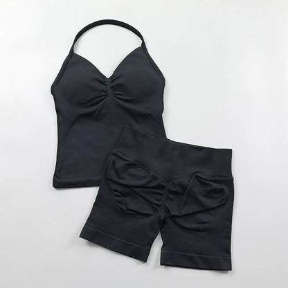 Yoga Longline Strappy Top Leggings Set Women's Backless Camisole Built-In bra Vest High-Waisted Hip Lift Gym Shorts Sports Set
