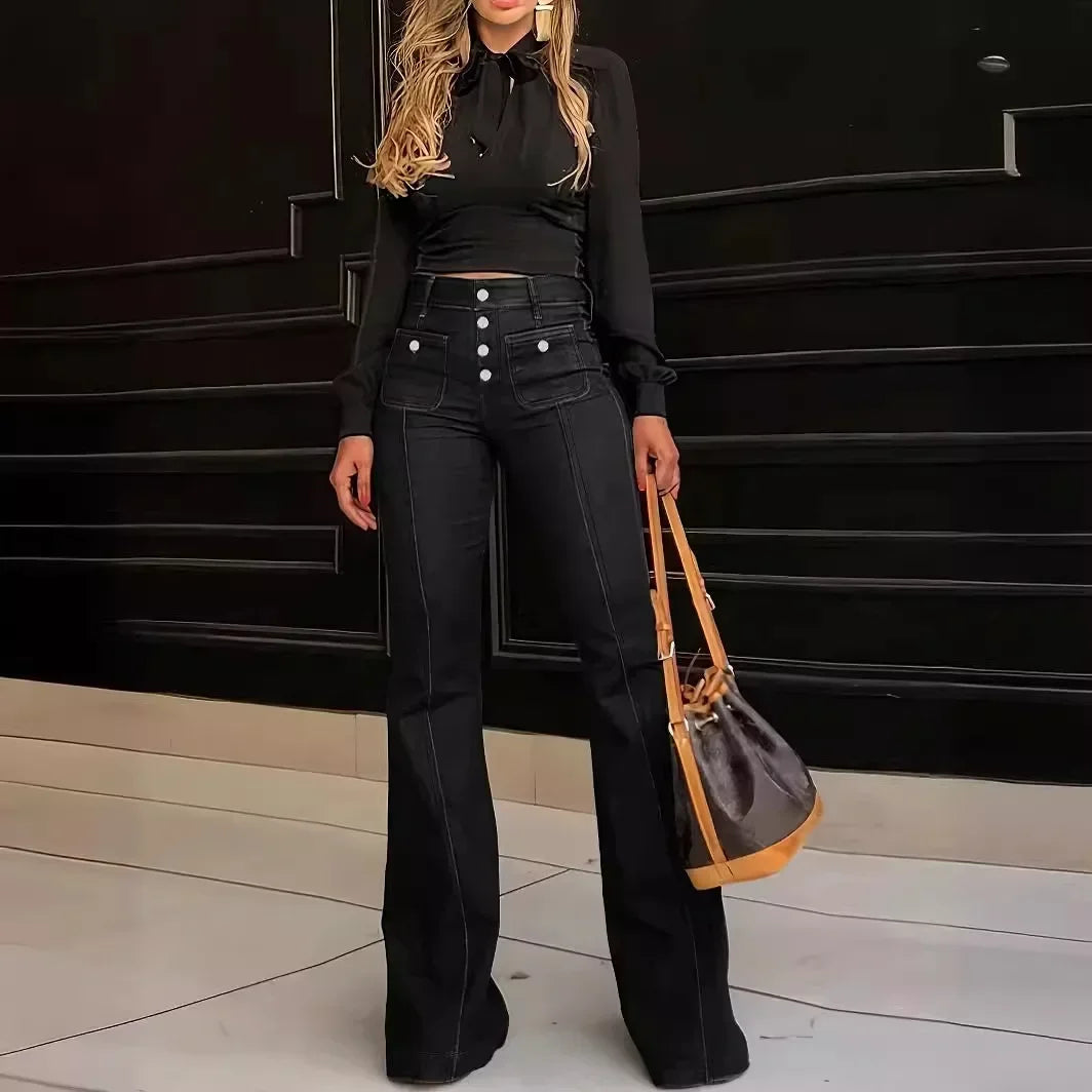 Women Jeans Flare Pants High Waist Streetwear Pockets Buttons