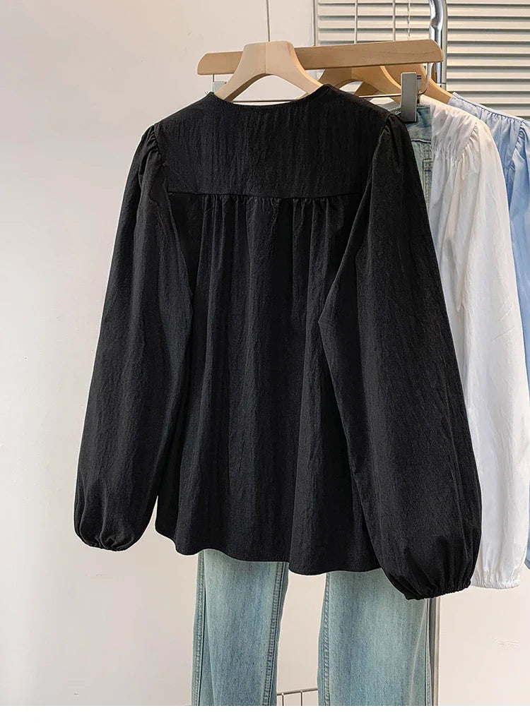 2026 V-neck Long Sleeved Plus Size Shirt Loose Pleated Ruffle Oversized Tops Ladies Chic Elegant Solid Versatile Blouse