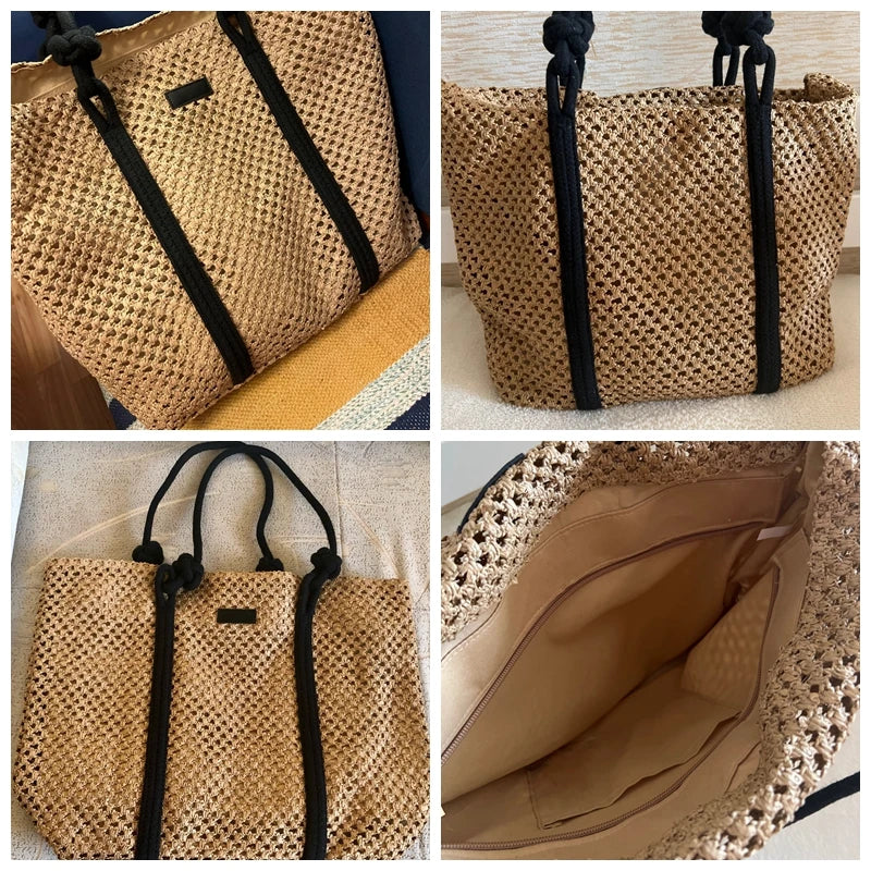 Bolsa Sacola de Palha Tecida de Verão Bolsa de Ombro Feminina Casual de Praia para Férias Bolsas Femininas de Grande Capacidade Cor Sólida