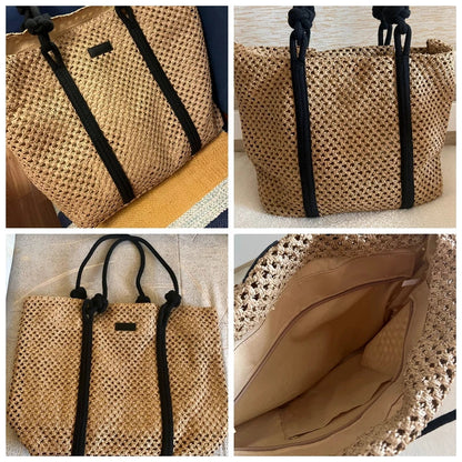 Bolsa Sacola de Palha Tecida de Verão Bolsa de Ombro Feminina Casual de Praia para Férias Bolsas Femininas de Grande Capacidade Cor Sólida