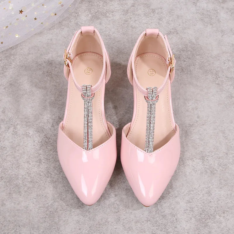 Children's Thick Heel Sandals Summer New Pointed-toe Girls' Crystal Princess Shoes Fashion Children's High-heeled Leather Shoes