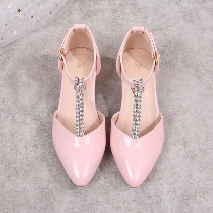 Children's Thick Heel Sandals Summer New Pointed-toe Girls' Crystal Princess Shoes Fashion Children's High-heeled Leather Shoes