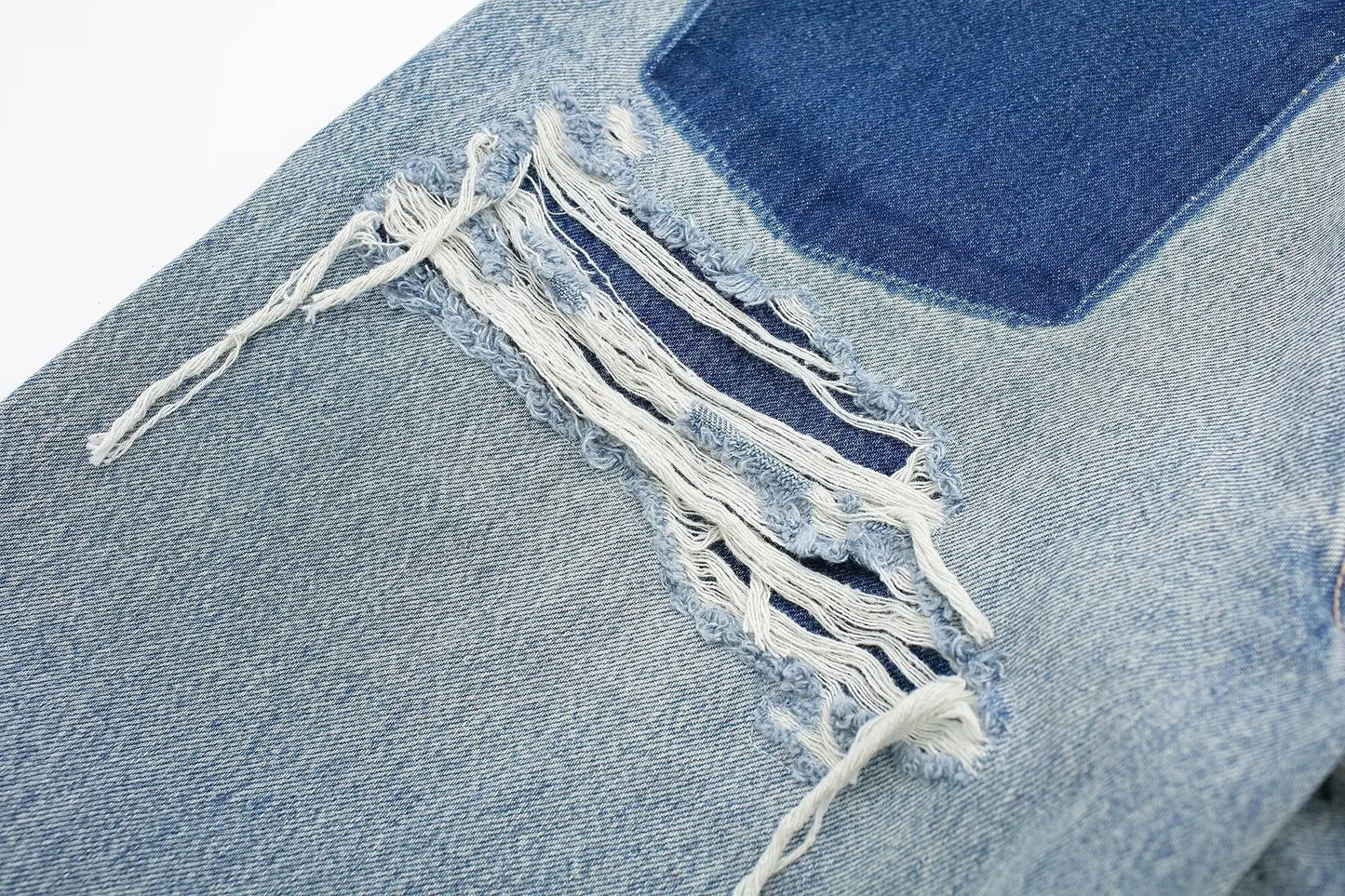 Women's Street Fashion Denim Blue Jeans Distressed Patchwork High Waist Zipper Fly Ripped Retro Long Pants