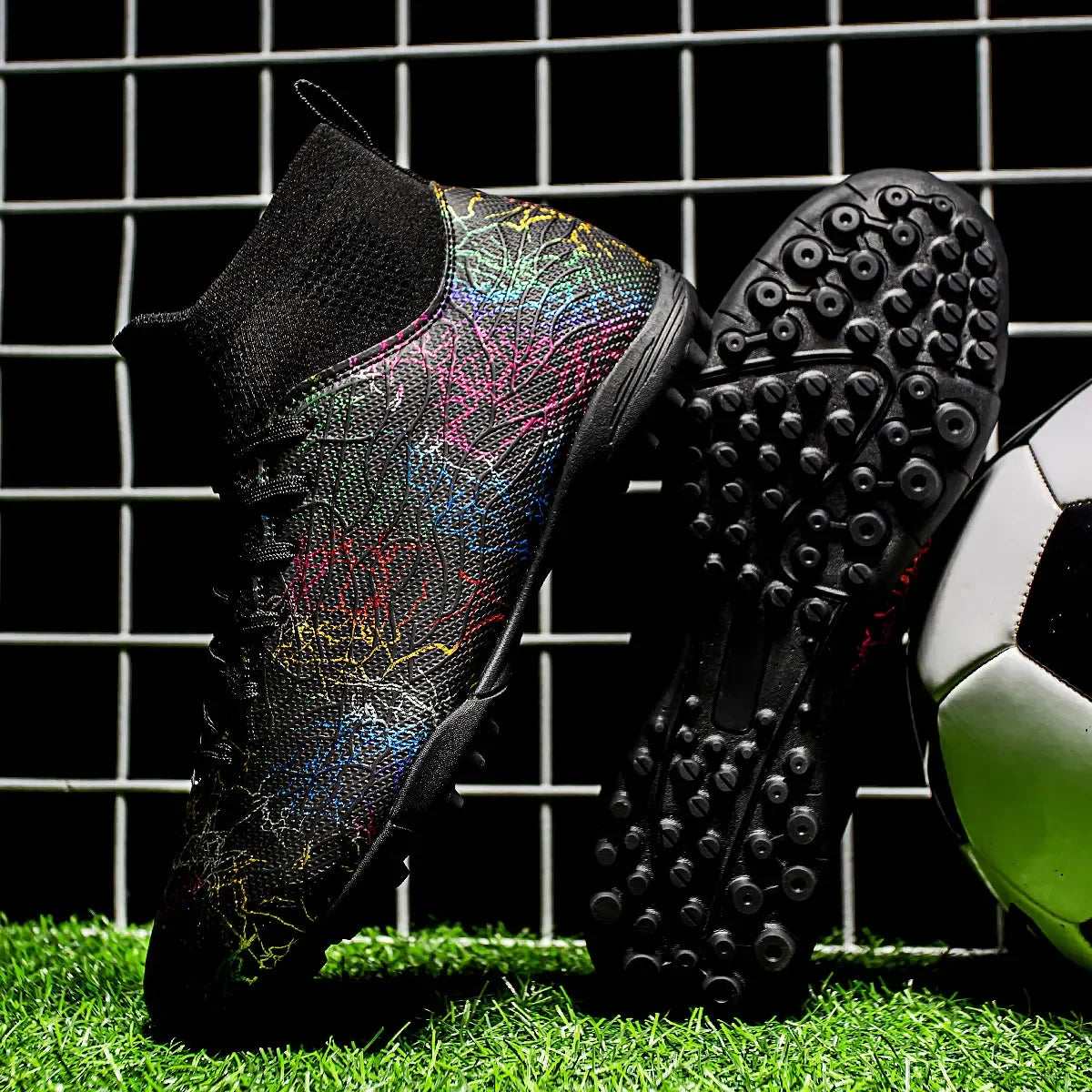 High quality, high-top football shoes, unisex style, comfortable, breathable, available in TF and FG options.  Sole spikes