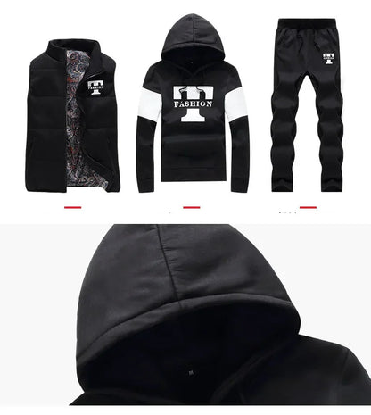 3 Pieces Set Hoodies+Vest+Pants Casual Track Suit Clothing Coats Winter Thick Warm Tracksuit for Couple Printed Mens Set Vest