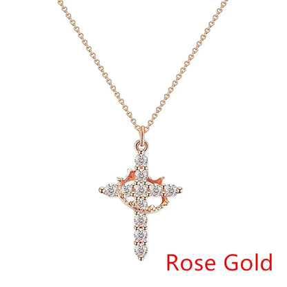 Rotatable Crown Rhinestone Cross Choker Necklace Earrings Rings for Women Minimalist Cross Chain Christian Jewelry Prayer Gift