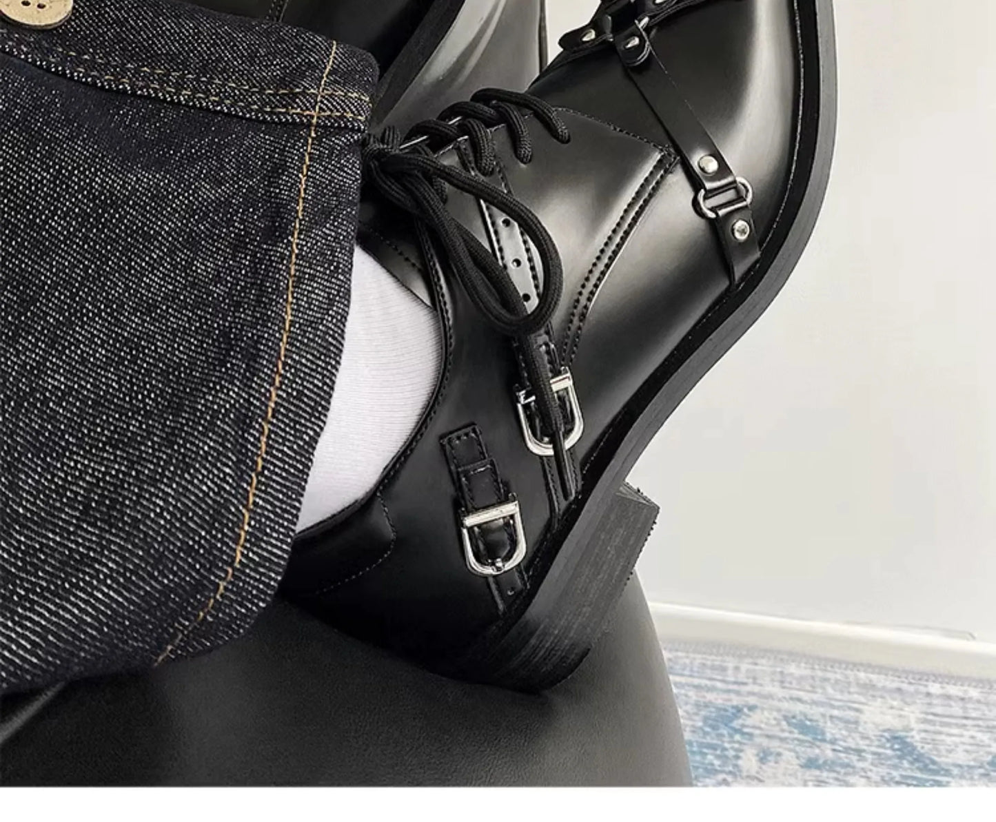 Men's formal leather shoes pointed niche design dark style Oxford shoes strap metal decoration business casual derby shoes