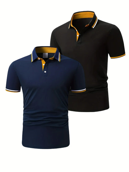 2pcs Men's Short-Sleeve Shirts with Contrast Collars - Lightweight Polyester, Pastel Blue & Pink, Turn- Collar, Button Closure,