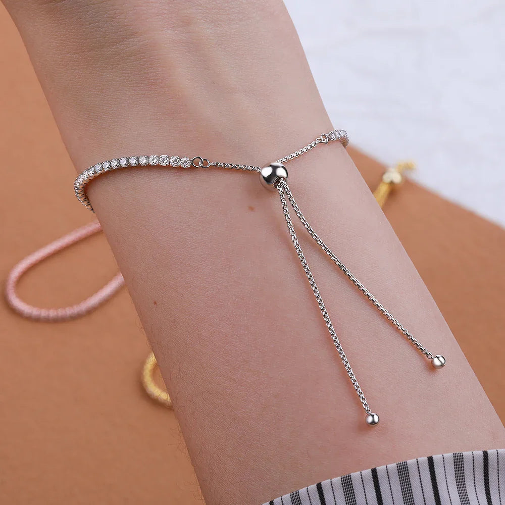 2mm Round Full Moissanite Diamond Tennis Bracelet for Women 925 Sterling Silver Plated 18K Gold Adjustable Wrist Chain Jewelry