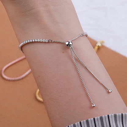 2mm Round Full Moissanite Diamond Tennis Bracelet for Women 925 Sterling Silver Plated 18K Gold Adjustable Wrist Chain Jewelry