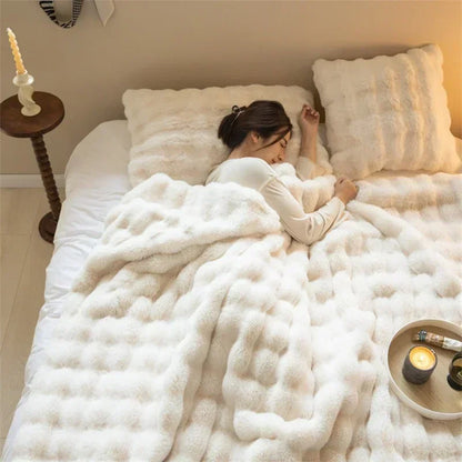 Cozy Rabbit Hair Bubble Velvet Blanket for Napping Soft Fuzzy Plush Bed Cover Sofa Throw Blanket All Season Warmth