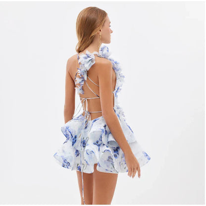 Backless Party Dress Women Elegant 3D Flower Print Sling Lace Up Ruffle A-line Mini Evening Dresses Female 2025 Summer Swimwears