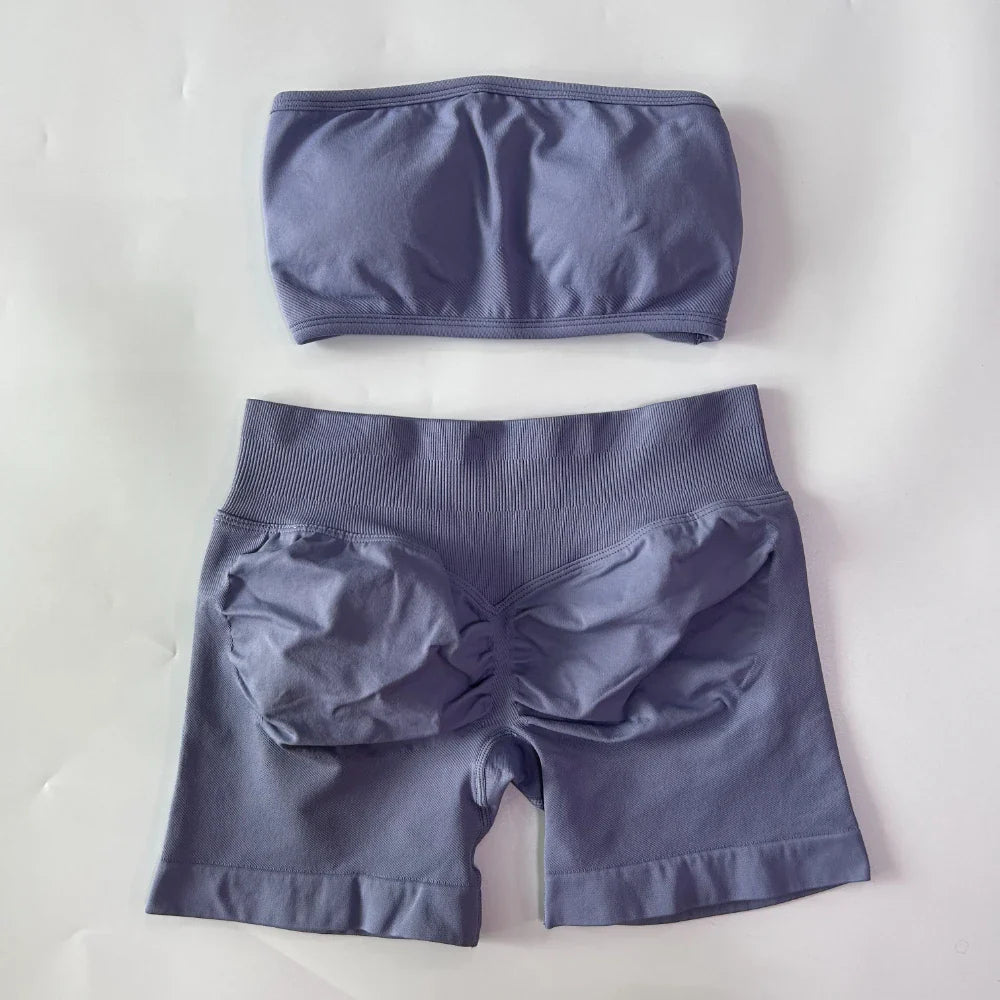 2 Pieces Yoga Set Women Backless Bandeau Sports Bra Scrunch Shorts Yoga Clothing Workout Clothes Outfits Sets Gym Set