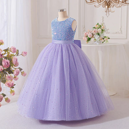 Vestidos de Festa de Daminha de Verão com Lantejoulas para Meninas Elegante Laço Vestido de Aniversário de Casamento para Meninas Baile de Formatura Gala Concurso Noite Roupa Infantil