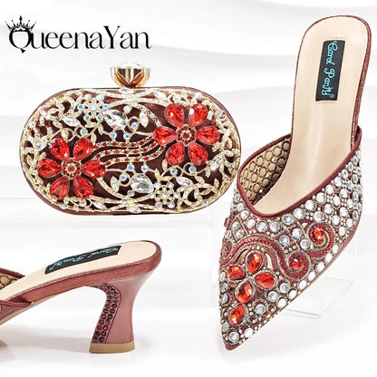 Luxury Pink Rhinestone Party Shoes and Clutch for Women- Elegant Crystal Heels with Matching Evening Bag