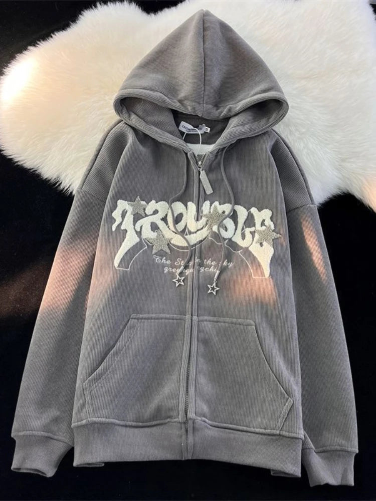Fashion Embroidery Zip Up Hoodies Women Autumn Long Sleeve Tops Loose Hood Shirt Harajuku Y2K Clothes Female Sweatshirt Jacket