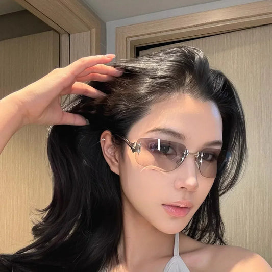 Y2K Vintage Rimless Square Sunglasses Women For Men Luxury Brand Designer Sun Glasses Punk Popular Hip Hop Rivet Star Shades UV