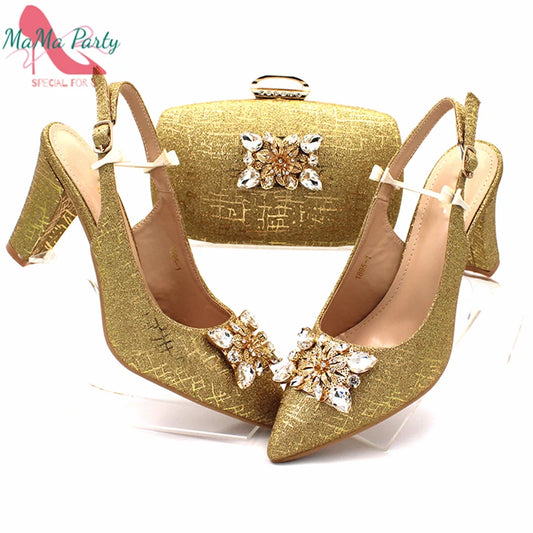 Nigerian Women Shoes and Bag Set in Gold Color High Quality New Arrivals Classics Style for Garden Party