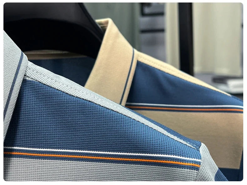 Light luxury striped color blocked short sleeve polo shirt brand symbol emboss high-end casual summer silky smooth men's T-shirt