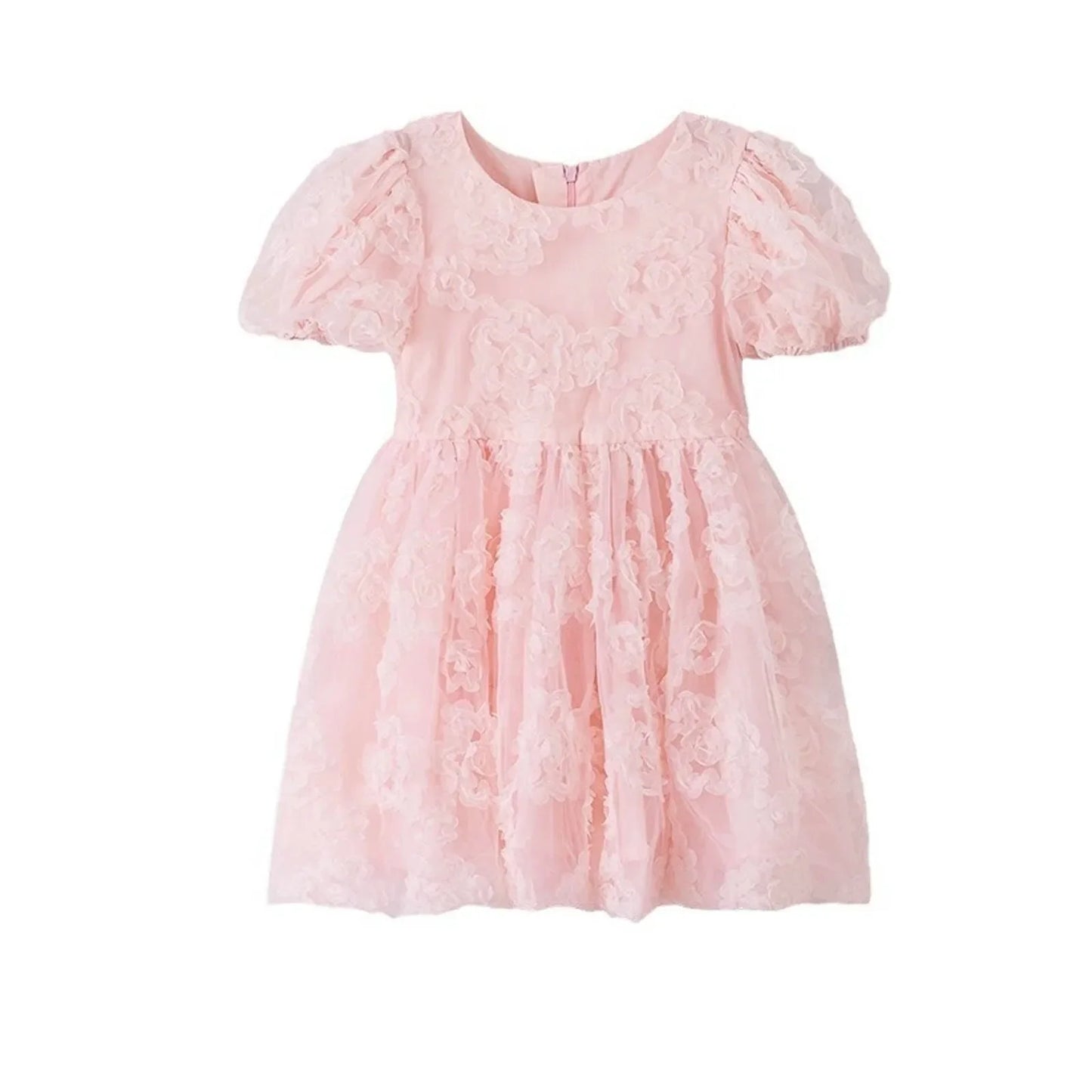 New Summer Teenager Girl Dress Solid Color Short Puff Sleeves Square Collar 3D Flower Sequined Baby Princess Dresses 2025